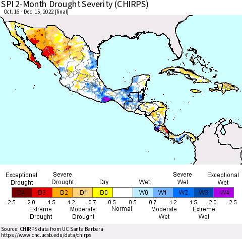 Mexico Central America and the Caribbean SPI 2-Month Drought Severity (CHIRPS) Thematic Map For 10/16/2022 - 12/15/2022