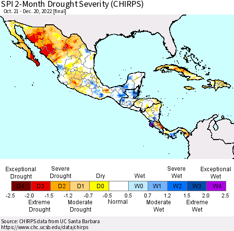 Mexico Central America and the Caribbean SPI 2-Month Drought Severity (CHIRPS) Thematic Map For 10/21/2022 - 12/20/2022