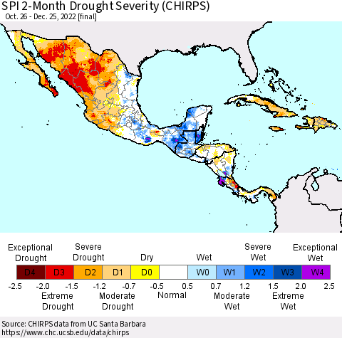 Mexico Central America and the Caribbean SPI 2-Month Drought Severity (CHIRPS) Thematic Map For 10/26/2022 - 12/25/2022