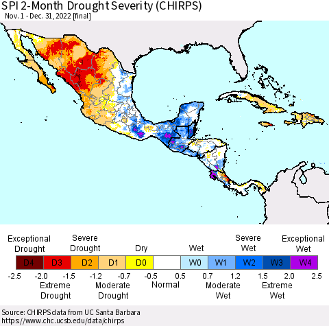 Mexico Central America and the Caribbean SPI 2-Month Drought Severity (CHIRPS) Thematic Map For 11/1/2022 - 12/31/2022