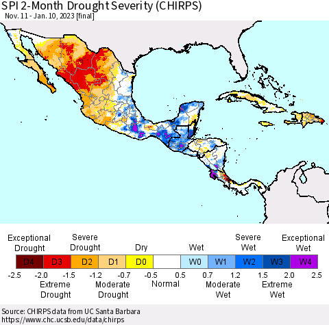 Mexico Central America and the Caribbean SPI 2-Month Drought Severity (CHIRPS) Thematic Map For 11/11/2022 - 1/10/2023