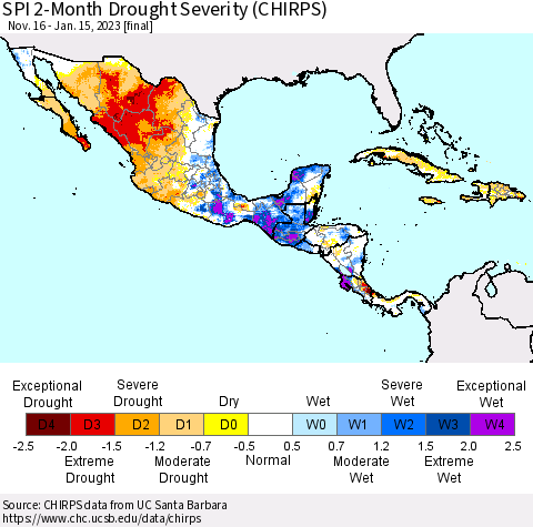 Mexico Central America and the Caribbean SPI 2-Month Drought Severity (CHIRPS) Thematic Map For 11/16/2022 - 1/15/2023