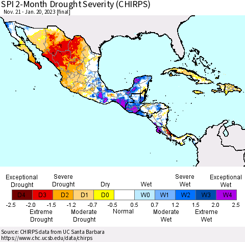 Mexico Central America and the Caribbean SPI 2-Month Drought Severity (CHIRPS) Thematic Map For 11/21/2022 - 1/20/2023