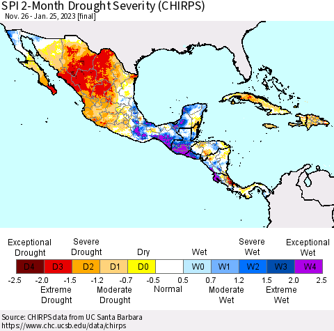 Mexico Central America and the Caribbean SPI 2-Month Drought Severity (CHIRPS) Thematic Map For 11/26/2022 - 1/25/2023