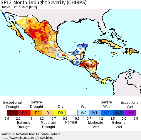 Mexico Central America and the Caribbean SPI 2-Month Drought Severity (CHIRPS) Thematic Map For 12/6/2022 - 2/5/2023