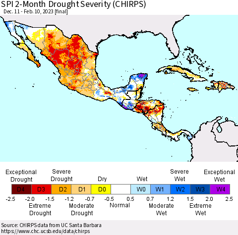 Mexico Central America and the Caribbean SPI 2-Month Drought Severity (CHIRPS) Thematic Map For 12/11/2022 - 2/10/2023