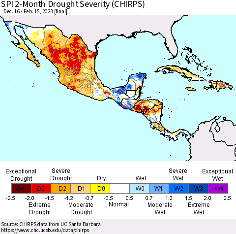 Mexico Central America and the Caribbean SPI 2-Month Drought Severity (CHIRPS) Thematic Map For 12/16/2022 - 2/15/2023