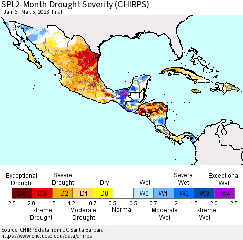 Mexico Central America and the Caribbean SPI 2-Month Drought Severity (CHIRPS) Thematic Map For 1/6/2023 - 3/5/2023