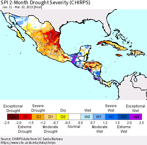 Mexico Central America and the Caribbean SPI 2-Month Drought Severity (CHIRPS) Thematic Map For 1/11/2023 - 3/10/2023