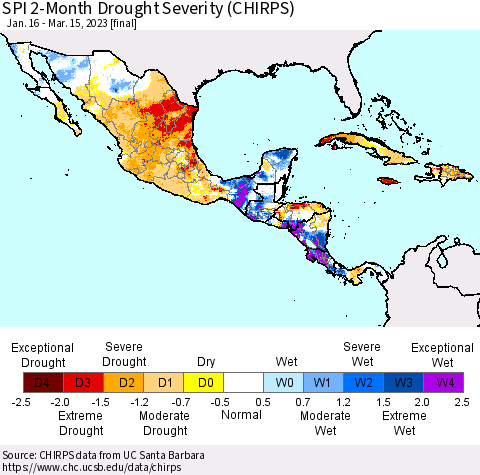 Mexico Central America and the Caribbean SPI 2-Month Drought Severity (CHIRPS) Thematic Map For 1/16/2023 - 3/15/2023