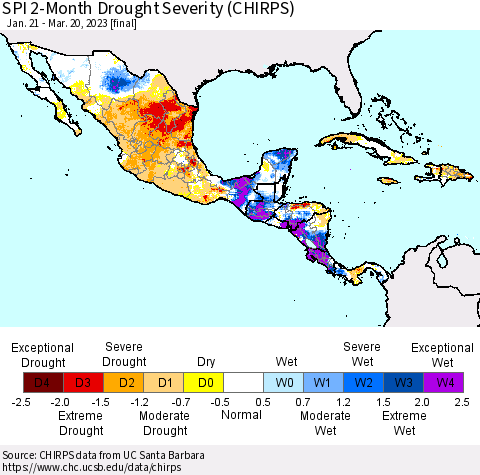 Mexico Central America and the Caribbean SPI 2-Month Drought Severity (CHIRPS) Thematic Map For 1/21/2023 - 3/20/2023