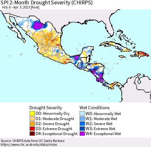 Mexico Central America and the Caribbean SPI 2-Month Drought Severity (CHIRPS) Thematic Map For 2/6/2023 - 4/5/2023