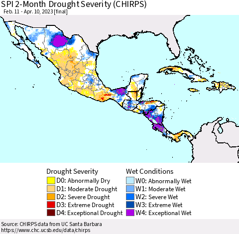 Mexico Central America and the Caribbean SPI 2-Month Drought Severity (CHIRPS) Thematic Map For 2/11/2023 - 4/10/2023