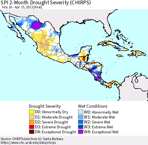 Mexico Central America and the Caribbean SPI 2-Month Drought Severity (CHIRPS) Thematic Map For 2/16/2023 - 4/15/2023