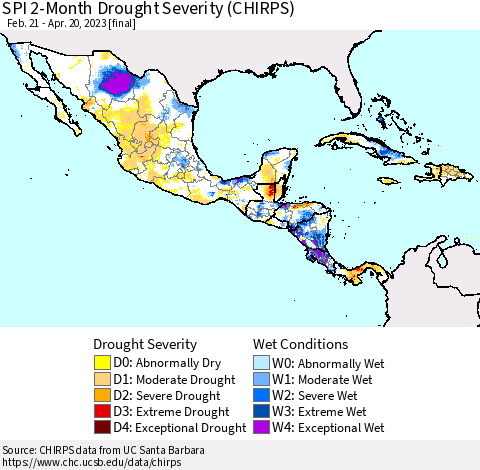 Mexico Central America and the Caribbean SPI 2-Month Drought Severity (CHIRPS) Thematic Map For 2/21/2023 - 4/20/2023