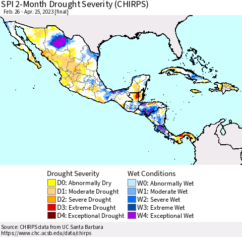 Mexico Central America and the Caribbean SPI 2-Month Drought Severity (CHIRPS) Thematic Map For 2/26/2023 - 4/25/2023