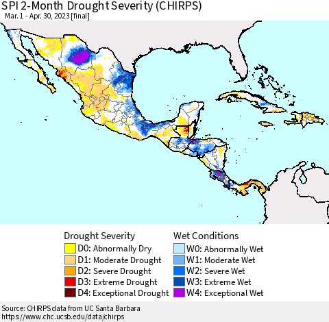 Mexico Central America and the Caribbean SPI 2-Month Drought Severity (CHIRPS) Thematic Map For 3/1/2023 - 4/30/2023