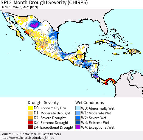 Mexico Central America and the Caribbean SPI 2-Month Drought Severity (CHIRPS) Thematic Map For 3/6/2023 - 5/5/2023