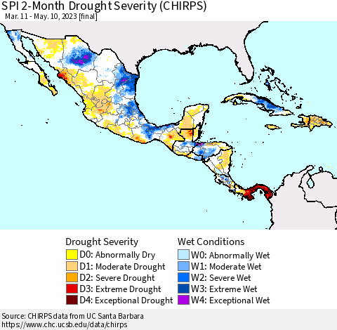 Mexico Central America and the Caribbean SPI 2-Month Drought Severity (CHIRPS) Thematic Map For 3/11/2023 - 5/10/2023