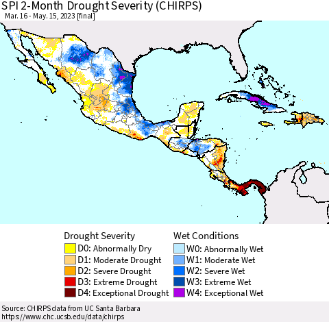 Mexico Central America and the Caribbean SPI 2-Month Drought Severity (CHIRPS) Thematic Map For 3/16/2023 - 5/15/2023