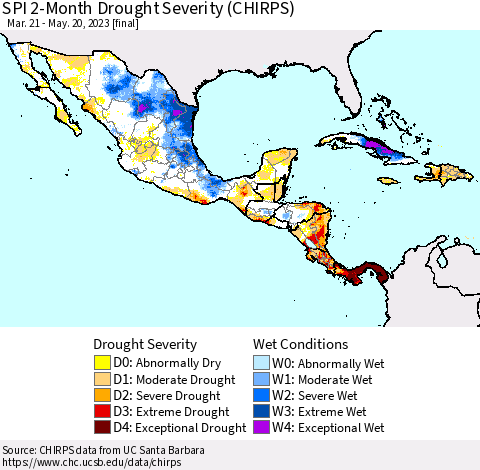 Mexico Central America and the Caribbean SPI 2-Month Drought Severity (CHIRPS) Thematic Map For 3/21/2023 - 5/20/2023