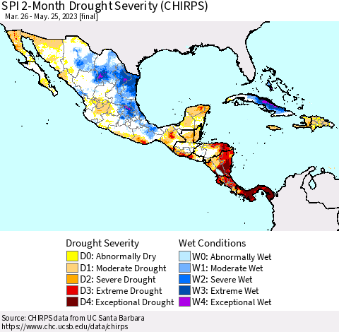 Mexico Central America and the Caribbean SPI 2-Month Drought Severity (CHIRPS) Thematic Map For 3/26/2023 - 5/25/2023