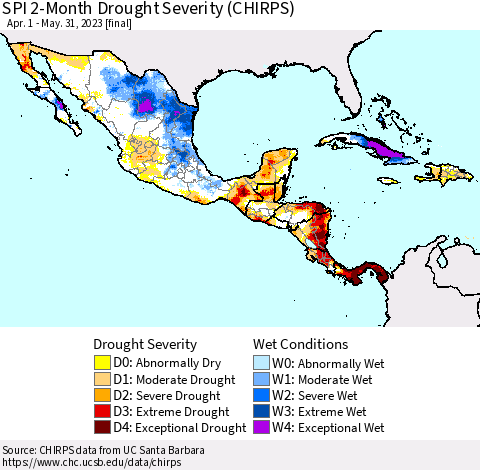 Mexico Central America and the Caribbean SPI 2-Month Drought Severity (CHIRPS) Thematic Map For 4/1/2023 - 5/31/2023