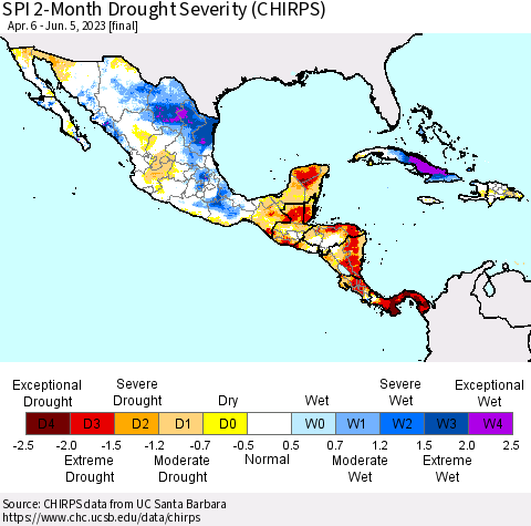 Mexico Central America and the Caribbean SPI 2-Month Drought Severity (CHIRPS) Thematic Map For 4/6/2023 - 6/5/2023