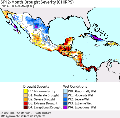Mexico Central America and the Caribbean SPI 2-Month Drought Severity (CHIRPS) Thematic Map For 4/11/2023 - 6/10/2023