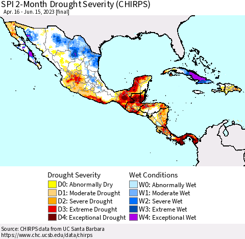 Mexico Central America and the Caribbean SPI 2-Month Drought Severity (CHIRPS) Thematic Map For 4/16/2023 - 6/15/2023