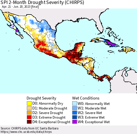 Mexico Central America and the Caribbean SPI 2-Month Drought Severity (CHIRPS) Thematic Map For 4/21/2023 - 6/20/2023