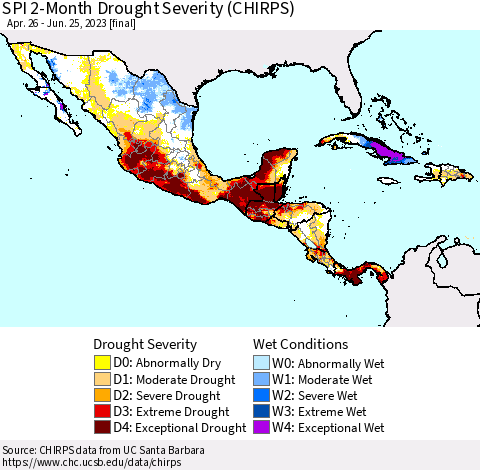 Mexico Central America and the Caribbean SPI 2-Month Drought Severity (CHIRPS) Thematic Map For 4/26/2023 - 6/25/2023