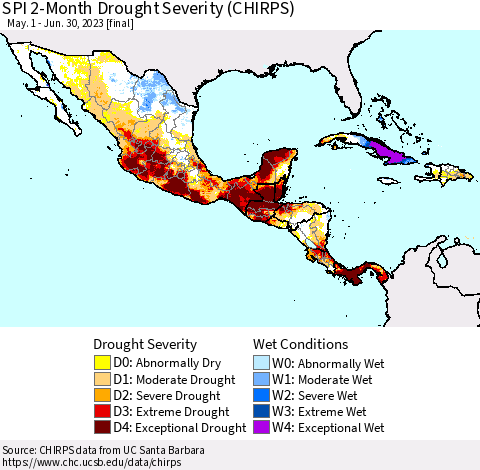 Mexico Central America and the Caribbean SPI 2-Month Drought Severity (CHIRPS) Thematic Map For 5/1/2023 - 6/30/2023