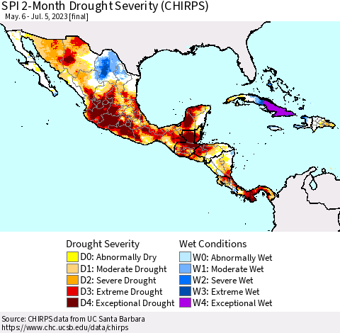 Mexico Central America and the Caribbean SPI 2-Month Drought Severity (CHIRPS) Thematic Map For 5/6/2023 - 7/5/2023