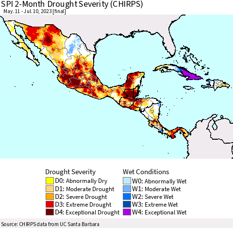 Mexico Central America and the Caribbean SPI 2-Month Drought Severity (CHIRPS) Thematic Map For 5/11/2023 - 7/10/2023