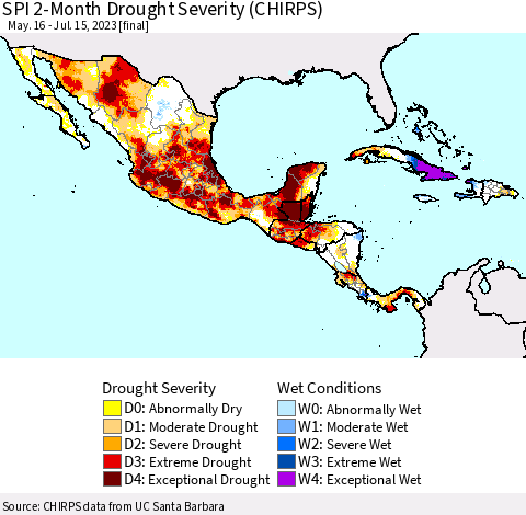 Mexico Central America and the Caribbean SPI 2-Month Drought Severity (CHIRPS) Thematic Map For 5/16/2023 - 7/15/2023