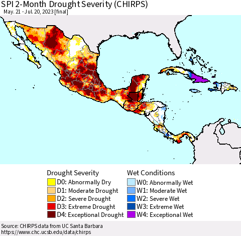 Mexico Central America and the Caribbean SPI 2-Month Drought Severity (CHIRPS) Thematic Map For 5/21/2023 - 7/20/2023