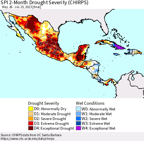Mexico Central America and the Caribbean SPI 2-Month Drought Severity (CHIRPS) Thematic Map For 5/26/2023 - 7/25/2023