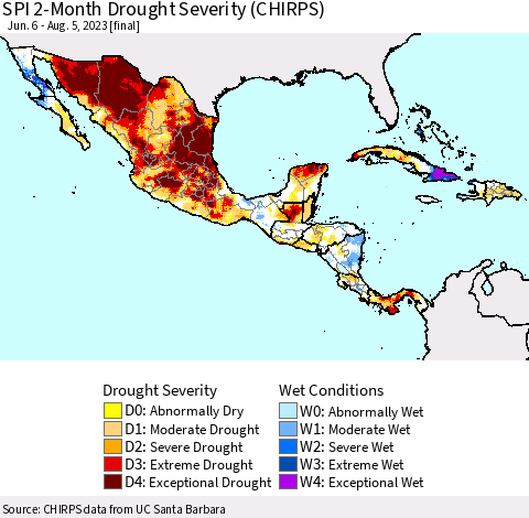 Mexico Central America and the Caribbean SPI 2-Month Drought Severity (CHIRPS) Thematic Map For 6/6/2023 - 8/5/2023