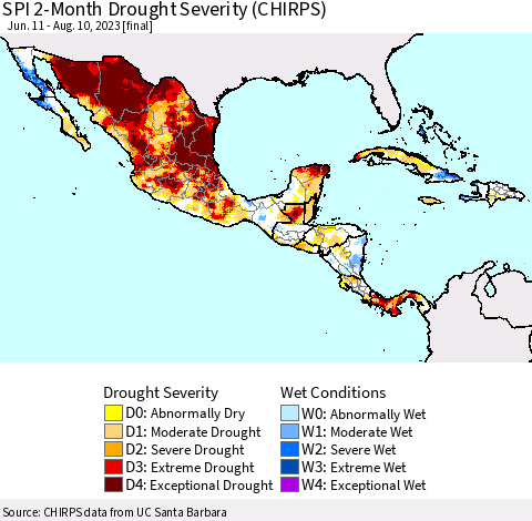 Mexico Central America and the Caribbean SPI 2-Month Drought Severity (CHIRPS) Thematic Map For 6/11/2023 - 8/10/2023