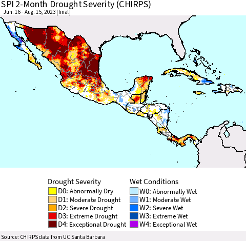 Mexico Central America and the Caribbean SPI 2-Month Drought Severity (CHIRPS) Thematic Map For 6/16/2023 - 8/15/2023