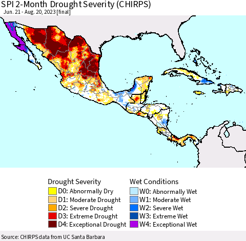 Mexico Central America and the Caribbean SPI 2-Month Drought Severity (CHIRPS) Thematic Map For 6/21/2023 - 8/20/2023