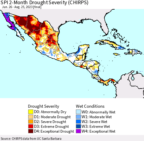 Mexico Central America and the Caribbean SPI 2-Month Drought Severity (CHIRPS) Thematic Map For 6/26/2023 - 8/25/2023