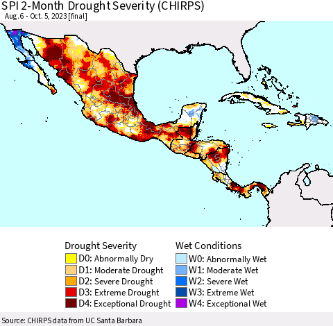 Mexico Central America and the Caribbean SPI 2-Month Drought Severity (CHIRPS) Thematic Map For 8/6/2023 - 10/5/2023