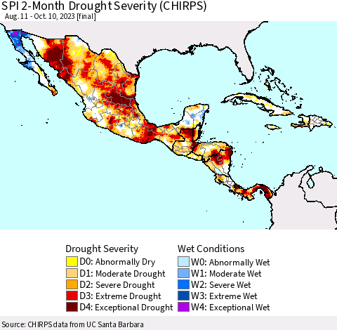 Mexico Central America and the Caribbean SPI 2-Month Drought Severity (CHIRPS) Thematic Map For 8/11/2023 - 10/10/2023