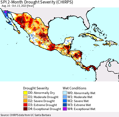 Mexico Central America and the Caribbean SPI 2-Month Drought Severity (CHIRPS) Thematic Map For 8/16/2023 - 10/15/2023