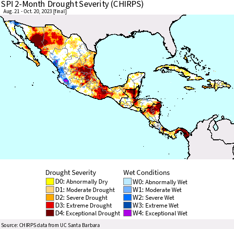 Mexico Central America and the Caribbean SPI 2-Month Drought Severity (CHIRPS) Thematic Map For 8/21/2023 - 10/20/2023