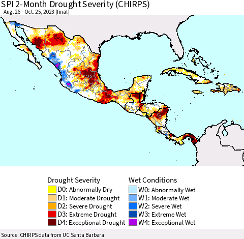 Mexico Central America and the Caribbean SPI 2-Month Drought Severity (CHIRPS) Thematic Map For 8/26/2023 - 10/25/2023
