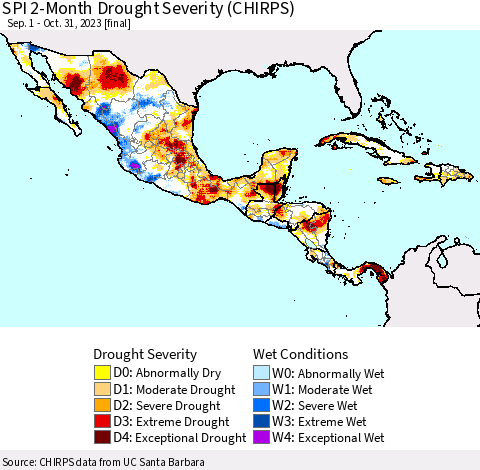 Mexico Central America and the Caribbean SPI 2-Month Drought Severity (CHIRPS) Thematic Map For 9/1/2023 - 10/31/2023