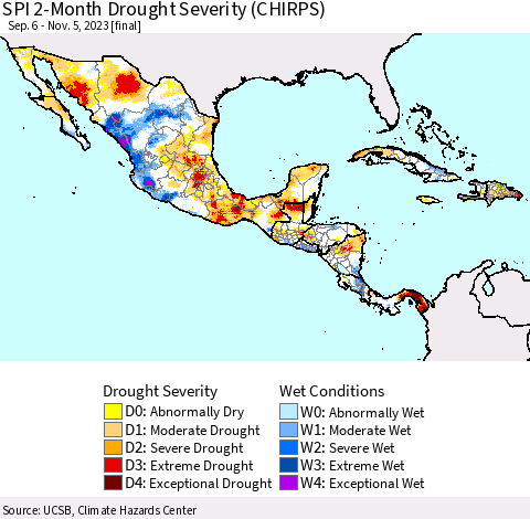 Mexico Central America and the Caribbean SPI 2-Month Drought Severity (CHIRPS) Thematic Map For 9/6/2023 - 11/5/2023
